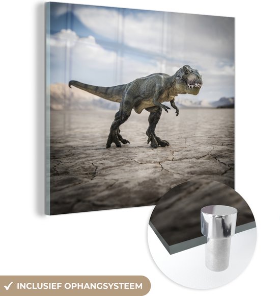 MuchoWow® Glasschilderij 20x20 cm - Schilderij acrylglas - Dinosaurus - Zand - Speelgoed - Foto op glas - Schilderijen