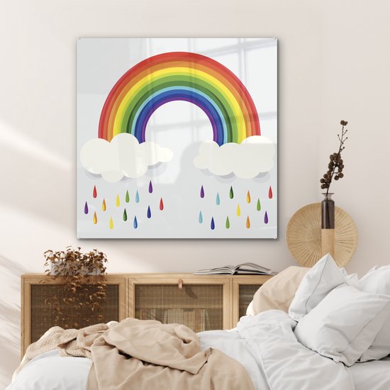 Peinture sur verre - un arc-en-ciel avec des nuages et des gouttes d'arc-en-ciel - 90x90 cm - Peintures sur Verre Peintures - Photo sur Glas