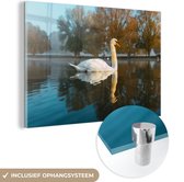 MuchoWow® Glasschilderij 90x60 cm - Schilderij acrylglas - Zwaan - Water - Reflectie - Foto op glas - Schilderijen