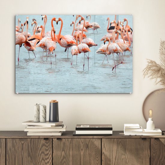 Peinture sur verre - Un groupe de flamants roses dans l'eau - 60x40 cm - Peintures Plexiglas
