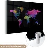 MuchoWow® Glasschilderij 180x120 cm - Schilderij acrylglas - Wereldkaart - Waterverf - Kleuren - Foto op glas - Schilderijen