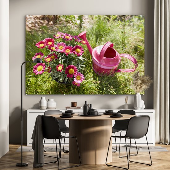 MuchoWow® Peinture sur verre 150x100 cm - Peinture sur verre acrylique - Fleurs - Arrosoir - Rose - Photo sur verre - Peintures