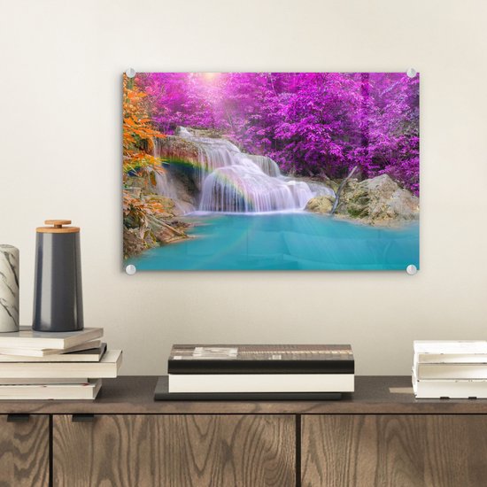 MuchoWow® Peinture sur verre 30x20 cm - Peinture sur verre acrylique - Cascade - Arbres - Arc-en-ciel - Violet - Photo sur verre - Peintures