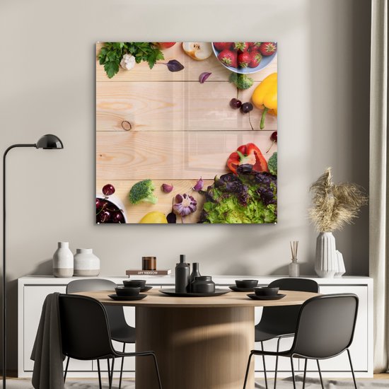 MuchoWow® Glasschilderij 90x90 cm - Schilderij acrylglas - Fruit - Aardbeien - Paprika - Keuken - Foto op glas - Schilderijen