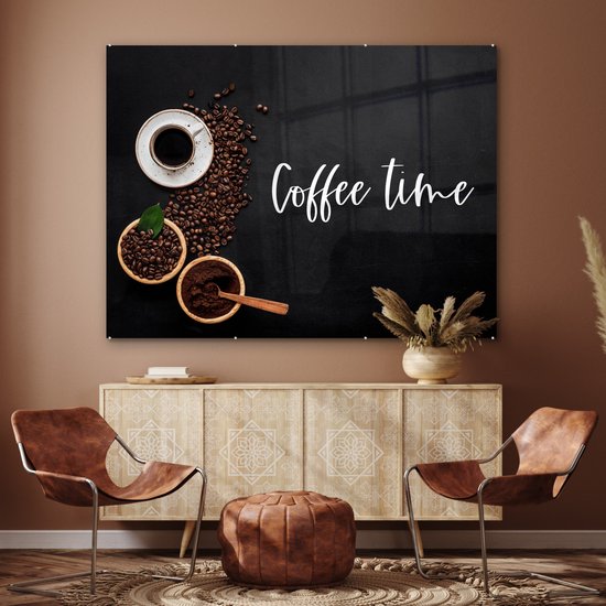 MuchoWow® Peinture sur verre 160x120 cm - Peinture sur verre acrylique - Citations - Dictons - L'heure du Coffee - Café - Photo sur verre - Peintures