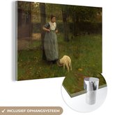 MuchoWow® Glasschilderij 120x80 cm - Schilderij acrylglas - Woman from Laren with lamb - Schilderij van Anton Mauve - Foto op glas - Schilderijen