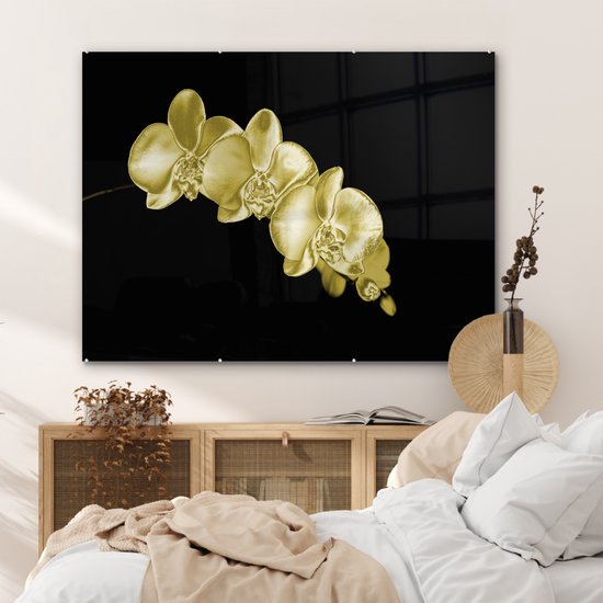 MuchoWow® Peinture sur verre 120x90 cm - Peinture sur verre acrylique - Les orchidées colorées sur fond noir - Photo sur verre - Peintures