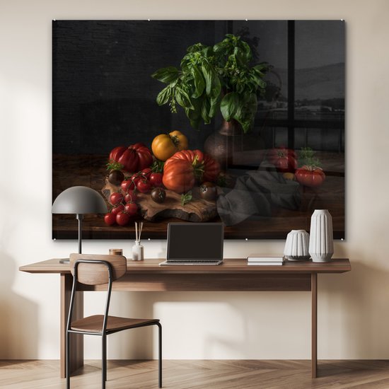 MuchoWow® Peinture sur verre 160x120 cm - Peinture sur verre acrylique - Nature morte - Tomates - Basilic - Tableau - Végétal - Zwart - Photo sur verre - Peintures