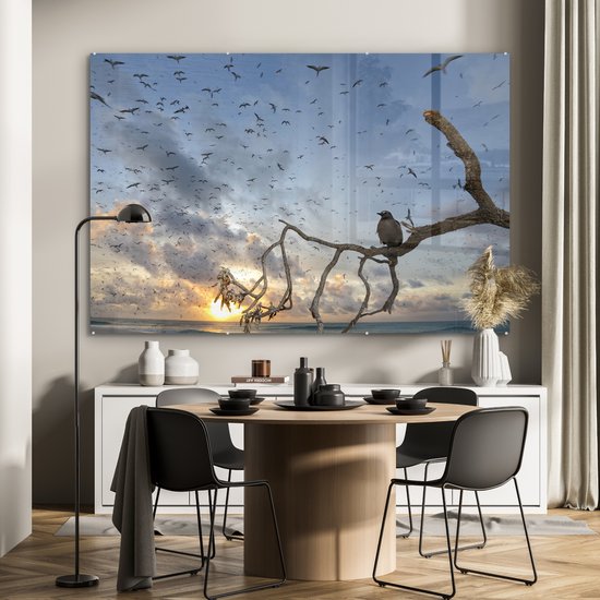 MuchoWow® Peinture sur verre 150x100 cm - Peinture sur verre acrylique - Vogel sur branche - Photo sur verre - Peintures