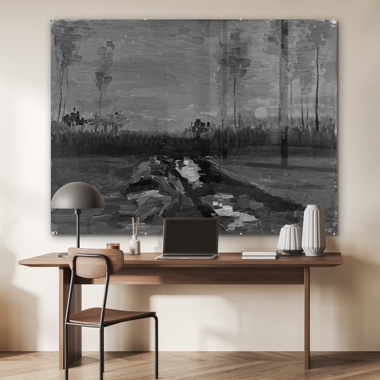 MuchoWow® Glasschilderij 160x120 cm - Schilderij acrylglas - Landschap in de schemering - Vincent van Gogh - Zwart - Wit - Foto op glas - Schilderijen