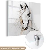 MuchoWow® Glasschilderij 50x50 cm - Schilderij acrylglas - Paard - Waterverf - Dieren - Wit - Foto op glas - Schilderijen