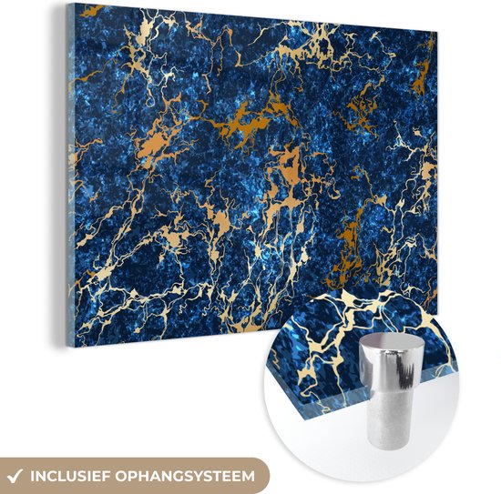 MuchoWow® Glasschilderij 180x120 cm - Schilderij acrylglas - Marmer - Textuur - Goud - Blauw - Foto op glas - Schilderijen