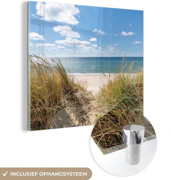 Glasschilderij - Foto op glas - Zee - Natuur - Strand - Helmgras - Schilderijen woonkamer - 50x50 cm - Acrylglas - Wanddecoratie - Schilderij glas - Acrylplaat