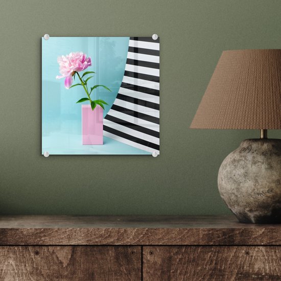 MuchoWow® Peinture sur verre 20x20 cm - Peinture sur verre acrylique - Pivoine rose sur fond bleu - Photo sur verre - Peintures