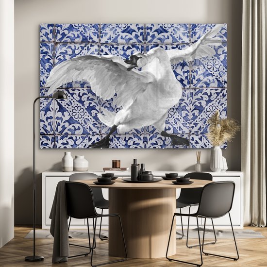 MuchoWow® Glasschilderij 180x120 cm - Schilderij acrylglas - Zwaan - Kunst - Delfts blauw - Schilderij - Oude meesters - Foto op glas - Schilderijen