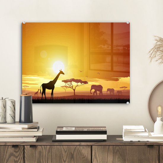 ® Glasschilderij 40x30 cm - Schilderij acrylglas - Illustratie van een Afrikaanse zonsondergang met een giraffe en olifant - Foto op glas - Muurdecoratie woonkamer - Wanddecoratie slaapkamer - Schilderijen