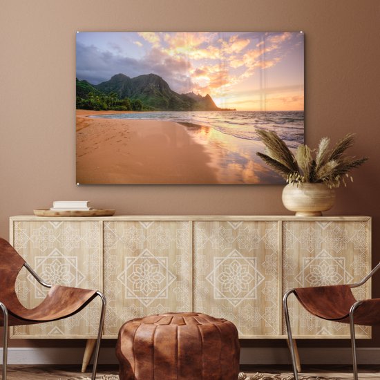 MuchoWow® Glasschilderij 120x80 cm - Schilderij acrylglas - Strand - Hawaï - Lucht - Foto op glas - Schilderijen