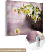 MuchoWow® Glasschilderij 40x30 cm - Schilderij acrylglas - Bloemen - Mand - Wit - Foto op glas - Schilderijen