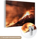 MuchoWow® Glasschilderij 120x80 cm - Schilderij acrylglas - Vulkaanuitbarsting onder woeste lucht - Foto op glas - Schilderijen