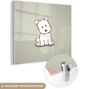 MuchoWow® Glasschilderij 20x20 cm - Schilderij acrylglas - Een illustratie van een witte puppy op een grijze achtergrond - Foto op glas - Schilderijen