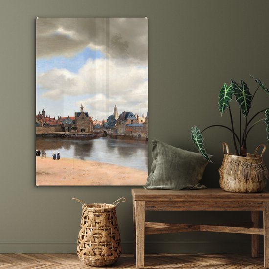 ® Glasschilderij 80x120 cm - Schilderij acrylglas - Gezicht op Delft - Schilderij van Johannes Vermeer - Foto op glas - Muurdecoratie woonkamer - Wanddecoratie slaapkamer - Schilderijen