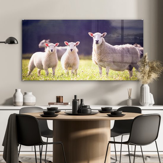 MuchoWow® Peinture sur verre 120x60 cm - Peinture sur verre - Mouton - Agneau - Fleurs - Photo sur verre acrylique - Peintures
