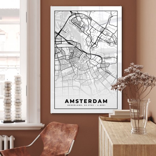 MuchoWow® Peinture sur Verre - Carte - Amsterdam - Zwart - Wit - 80x120 cm - Peintures sur Verre Peintures - Photo sur Glas