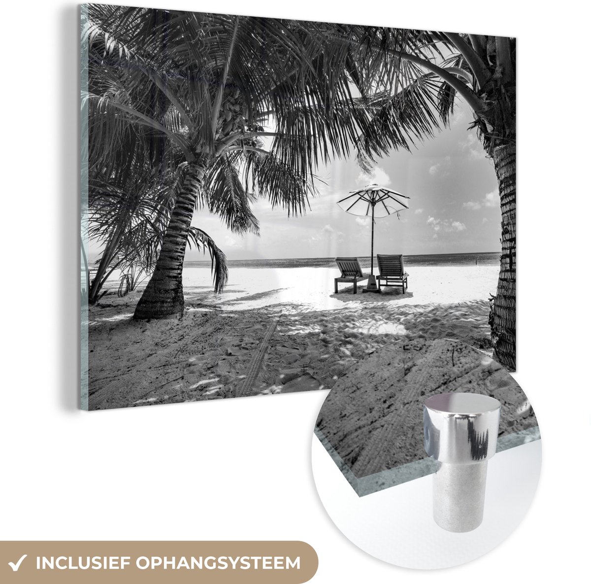 ® Glasschilderij 120x80 cm - Schilderij acrylglas - Strand - Strandstoel - Parasol - Foto op glas - Muurdecoratie woonkamer - Wanddecoratie slaapkamer - Schilderijen