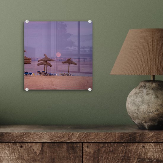 MuchoWow® Peinture sur verre 20x20 cm - Peinture sur verre acrylique - Majorque - Plage - Chaises longues - Photo sur verre - Peintures