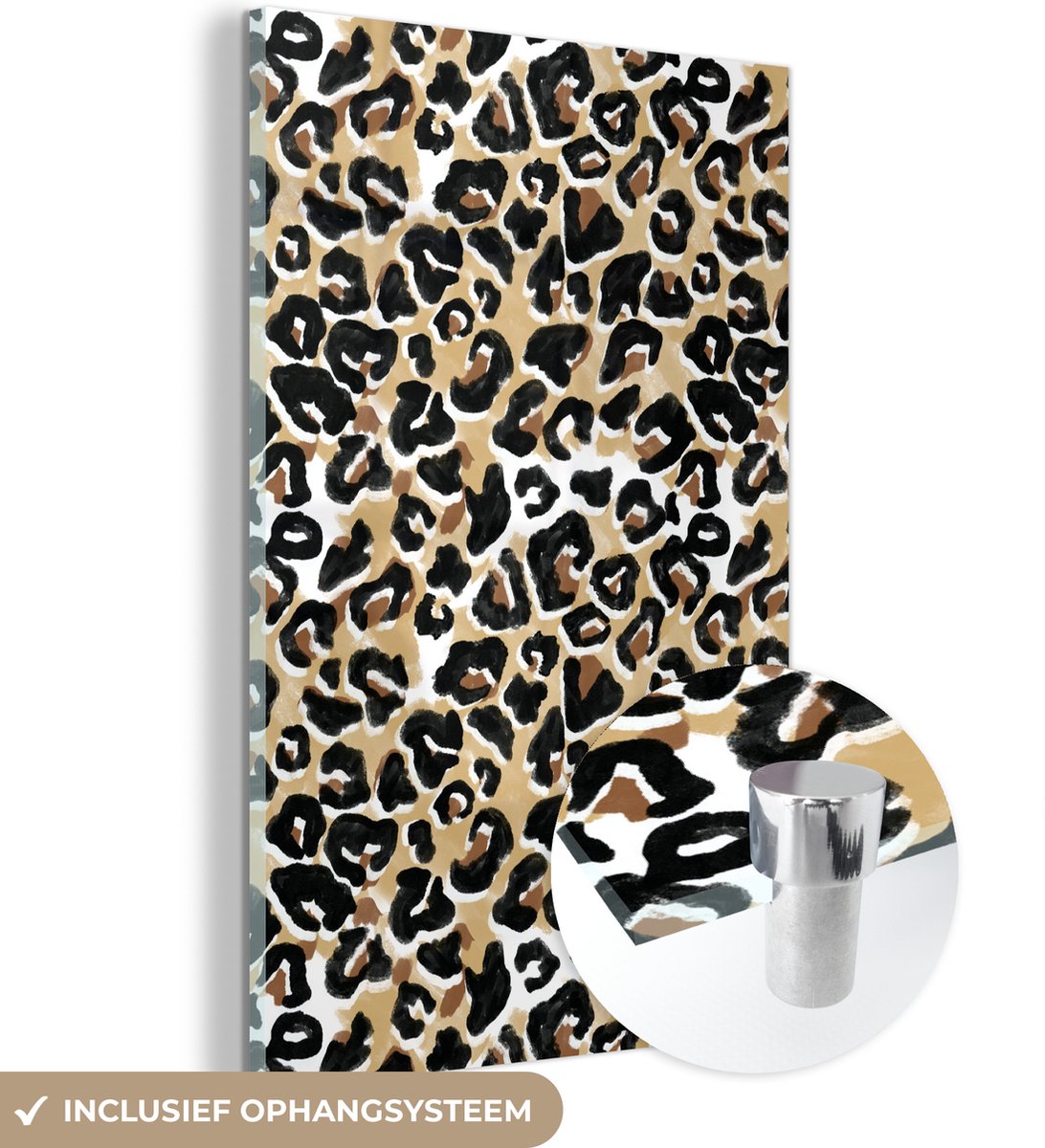 ® Glasschilderij 40x60 cm - Schilderij acrylglas - Panterprint - Aquarelverf - Bruin - Zwart - Foto op glas - Muurdecoratie woonkamer - Wanddecoratie slaapkamer - Schilderijen