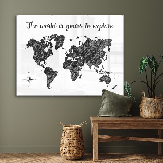 Peinture sur Verre - Carte du Wereldkaart - Voyages - Croquis - 120x90 cm - Peintures sur Verre Peintures - Photo sur Glas