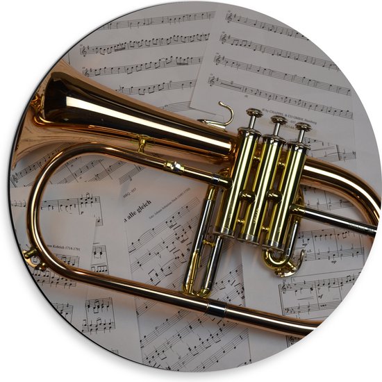 Dibond Muurcirkel - Gouden Trompet op Muzieknoten Bladeren - 30x30 cm Foto op Aluminium Muurcirkel (met ophangsysteem)