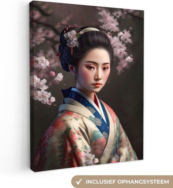 Canvas Schilderij Vrouw - Sakura - Kimono - Aziatisch - Portret - 60x80 cm - Wanddecoratie