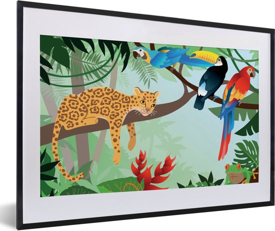 Fotolijst incl. Poster - Jungle dieren - Toekan - Jongens - Meiden - Luipaard - 60x40 cm - Posterlijst