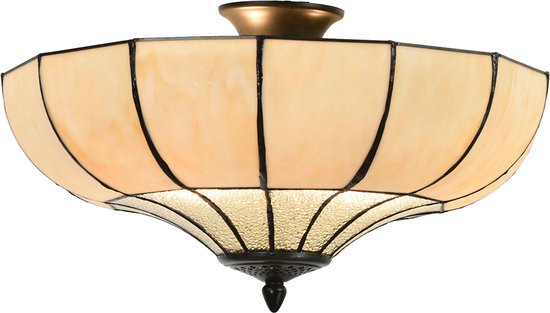 HAES DECO - Tiffany Plafondlamp Ø 46x25 cm Beige Metaal Glas Plafonniere  Glas in Lood | bol