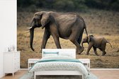 Behang - Fotobehang Kind rent achter moeder olifant aan - Breedte 360 cm x hoogte 240 cm