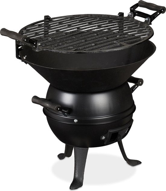 Relaxdays houtskool barbecue gietijzer - camping bbq - compact - grill - 35 cm - zwart