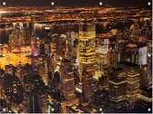 Luchtfoto van nachtelijk Manhattan in New York City - Foto op Tuinposter - 80 x 60 cm