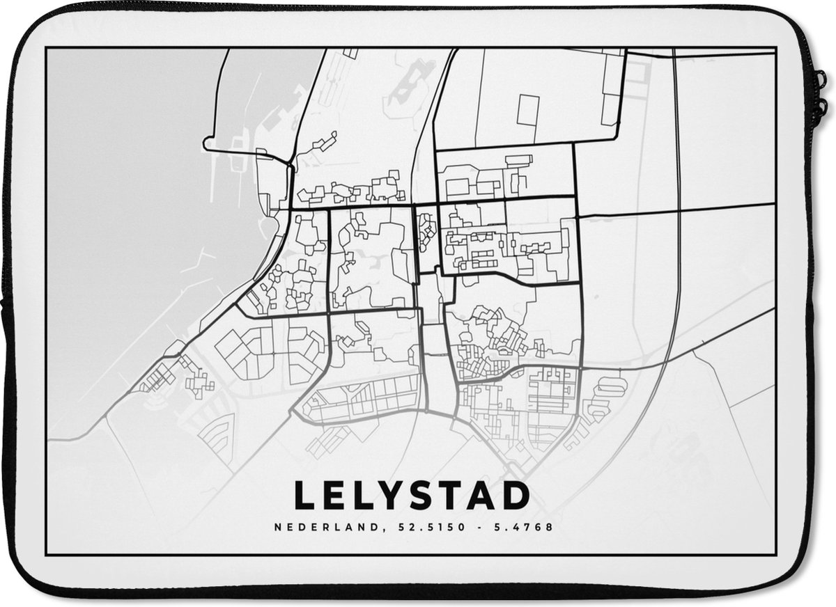 Laptophoes 14 inch - Stadskaart - Lelystad - Nederland - Laptop sleeve - Binnenmaat 33x23 cm - Zwarte achterkant