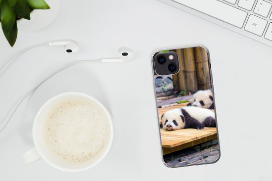 Coque iPhone 13 mini - Pandas - Sol - Bois - Siliconen