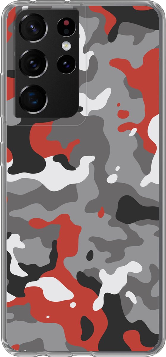 Telefoonhoesje Geschikt voor Samsung Galaxy S21 Ultra hoesje - Camouflage patroon met rode accenten - Siliconen Telefoonhoesje Telefoonhoesje - Verjaardag cadeau tiener
