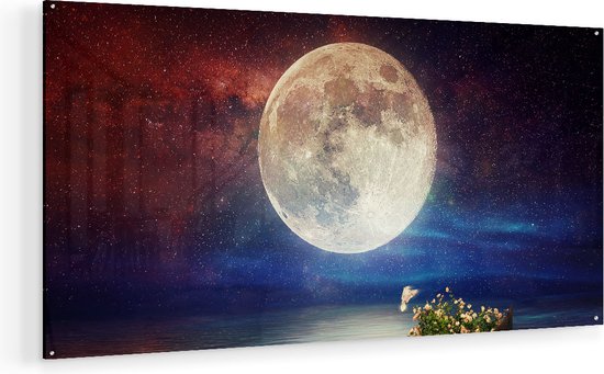 Artaza Glasschilderij - Volle Maan in de Hemel boven het Water - 140x70 - Groot - Plexiglas Schilderij - Foto op Glas