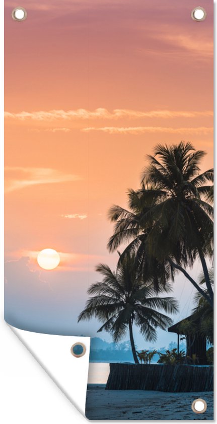 Décoration murale murale d'extérieur Coucher de soleil sur une île aux silhouettes de palmiers - 80x160 cm