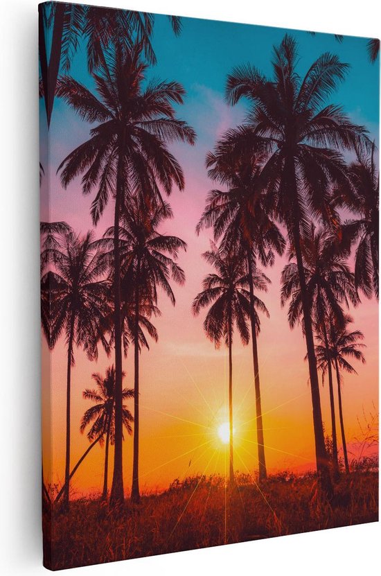 Artaza - Canvas Schilderij - Palmbomen op het Strand bij Zonsondergang -  40x50 - Foto... | bol