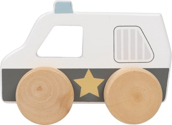 Wit houten politieauto met grijze details, gele ster en houten wielen.