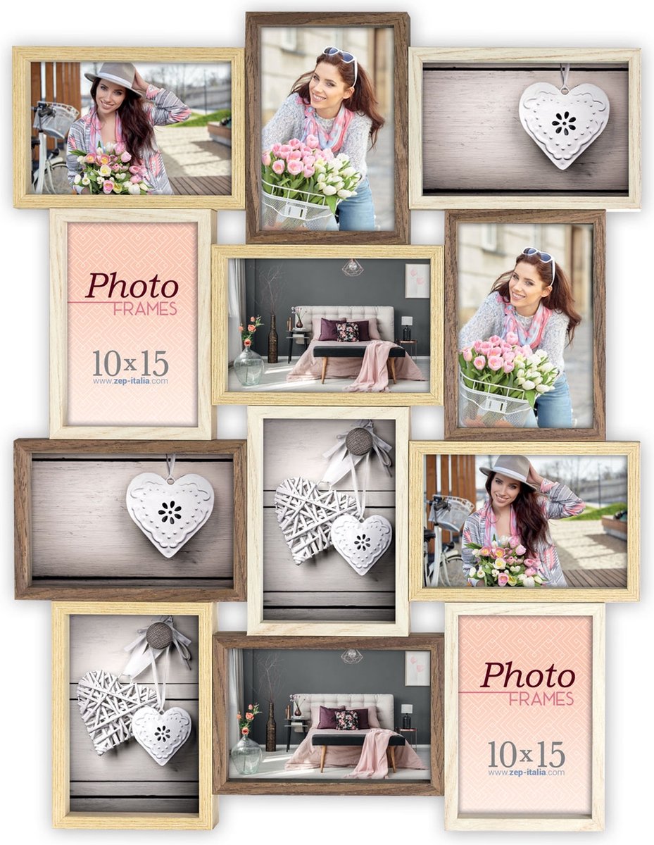 Zep Houten Multi Fotolijst Montreaux 12Q in bruin tinten voor 12 foto's 10x15 (afmeting 59x44,5) - TY025
