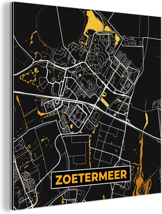 Décoration murale Métal - Peinture Aluminium Industriel - Plan de la ville - Zoetermeer - Or - Zwart - 20x20 cm - Dibond - Photo sur aluminium - Décoration murale industrielle - Pour le salon/chambre - Plan d'étage