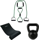 Tunturi - Fitness Set - Kettlebell 16 kg - Fitnessmat 160 x 60 x 0,7 cm - Tubing Set Groen