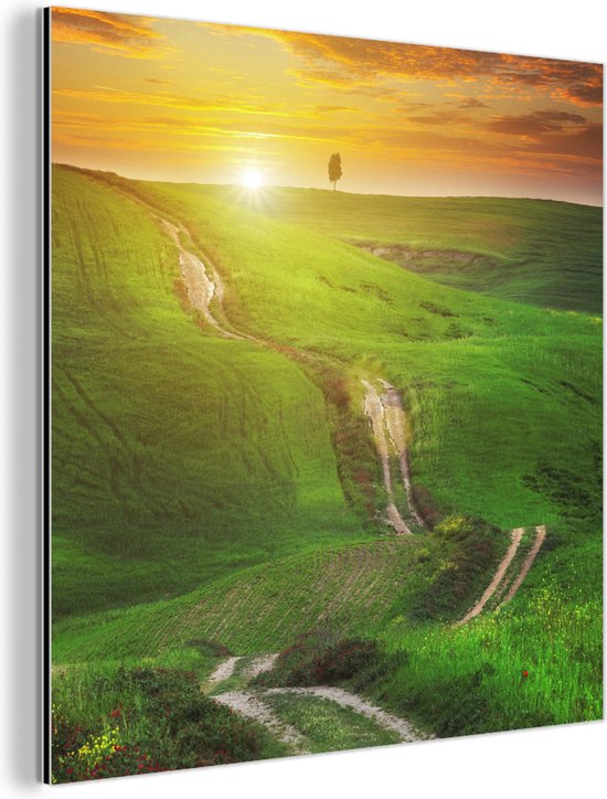 Décoration murale Métal - Peinture Aluminium Industriel - Toscane - Soleil - Collines - 20x20 cm - Dibond - Photo sur aluminium - Décoration murale industrielle - Pour le salon/chambre