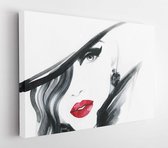 Onlinecanvas - Schilderij - Vrouw Portret Met Hoed .abstract Aquarel .fashion Achtergrond Art Horizontaal Horizontal - Multicolor - 50 X 40 Cm